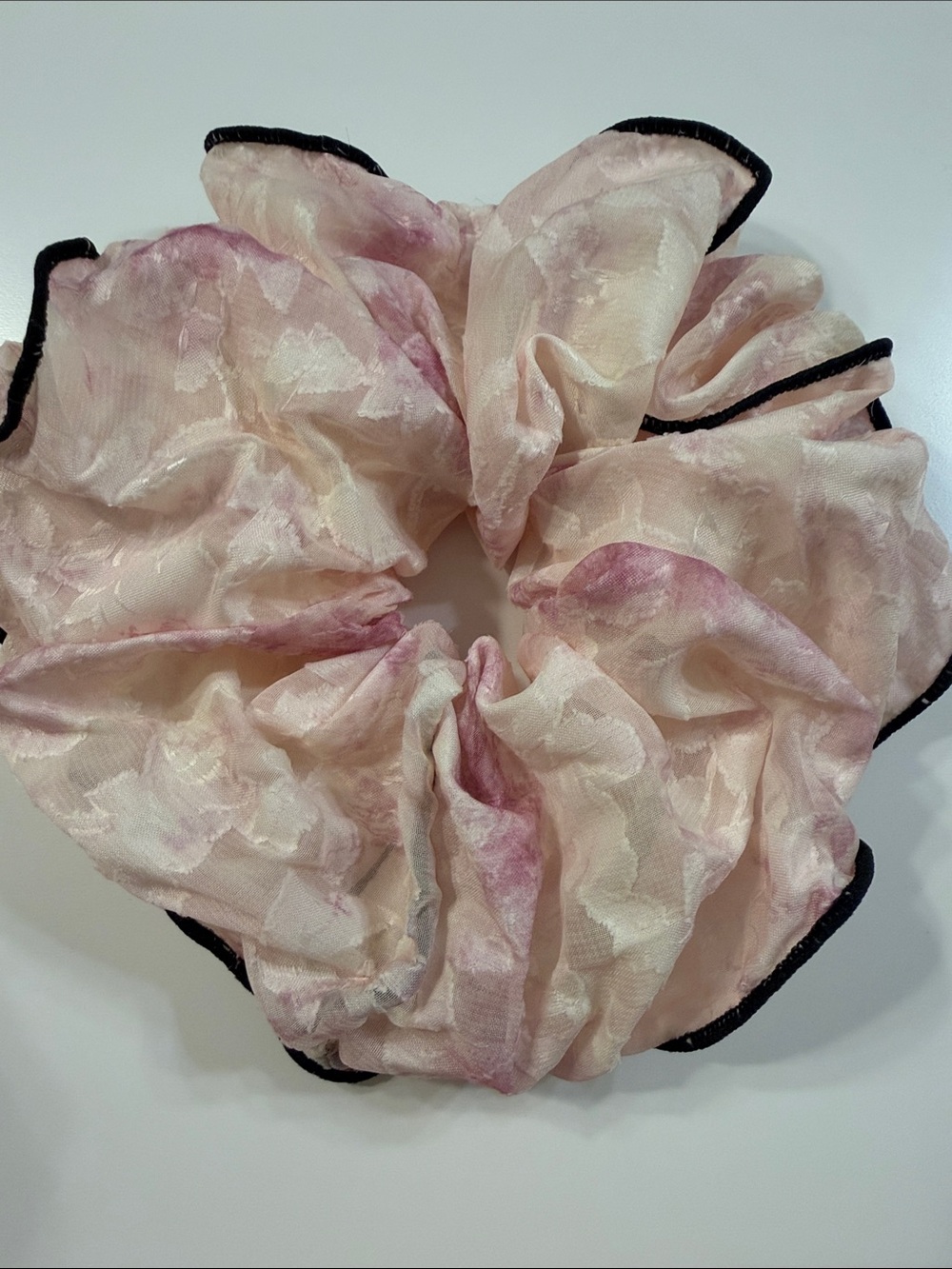 Elegant Pink Floral Organza Scrunchie with Black Trim
